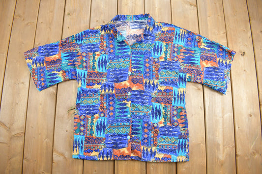 Vintage 1970s All Over Print Hawaiian Button Up Shirt / Abstract Print / Beachwear / Resort Wear / Lounge Wear / 70s / 80s / Camp Collar