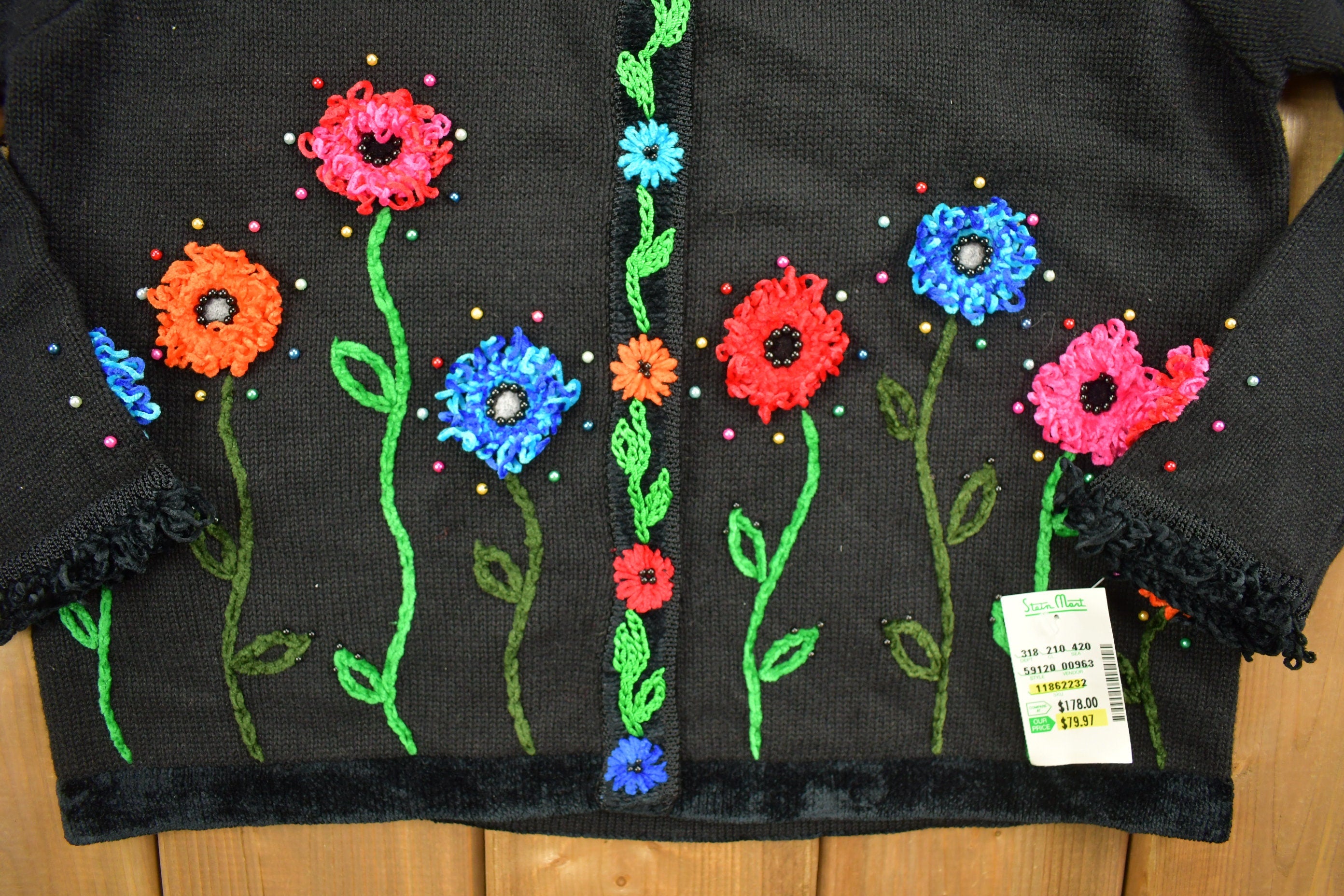 Vintage 1990s Berer Floral Embroidered Knitted Button Up Sweater