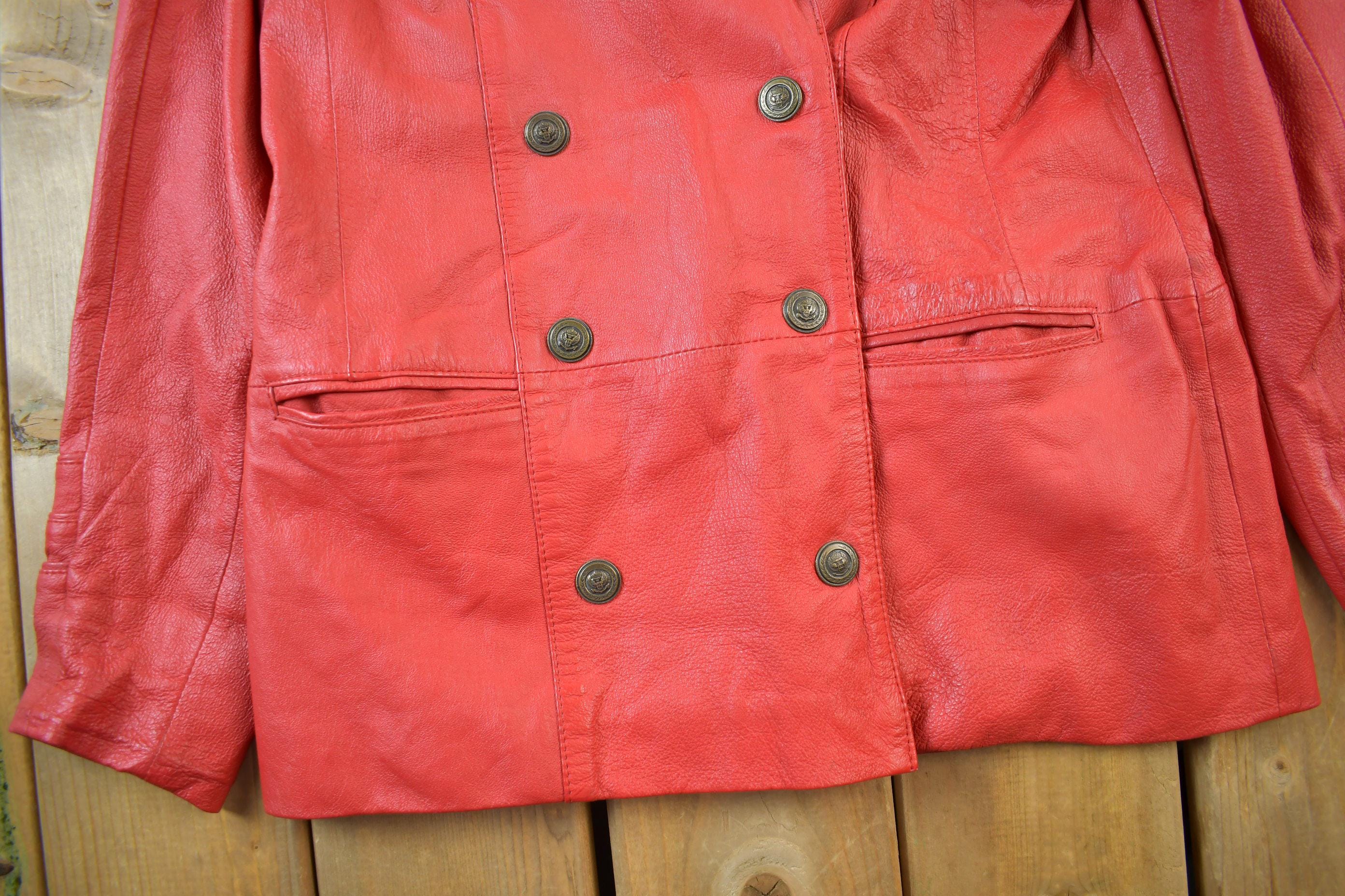 Vintage 1990s Pelle Club Genuine Leather Red Overcoat