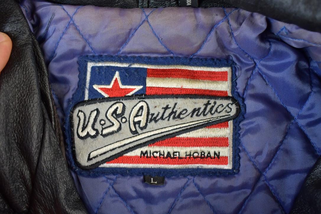 Vintage 1990s Michael Hoban American Flag Leather Patch AOP Jacket Made In USA