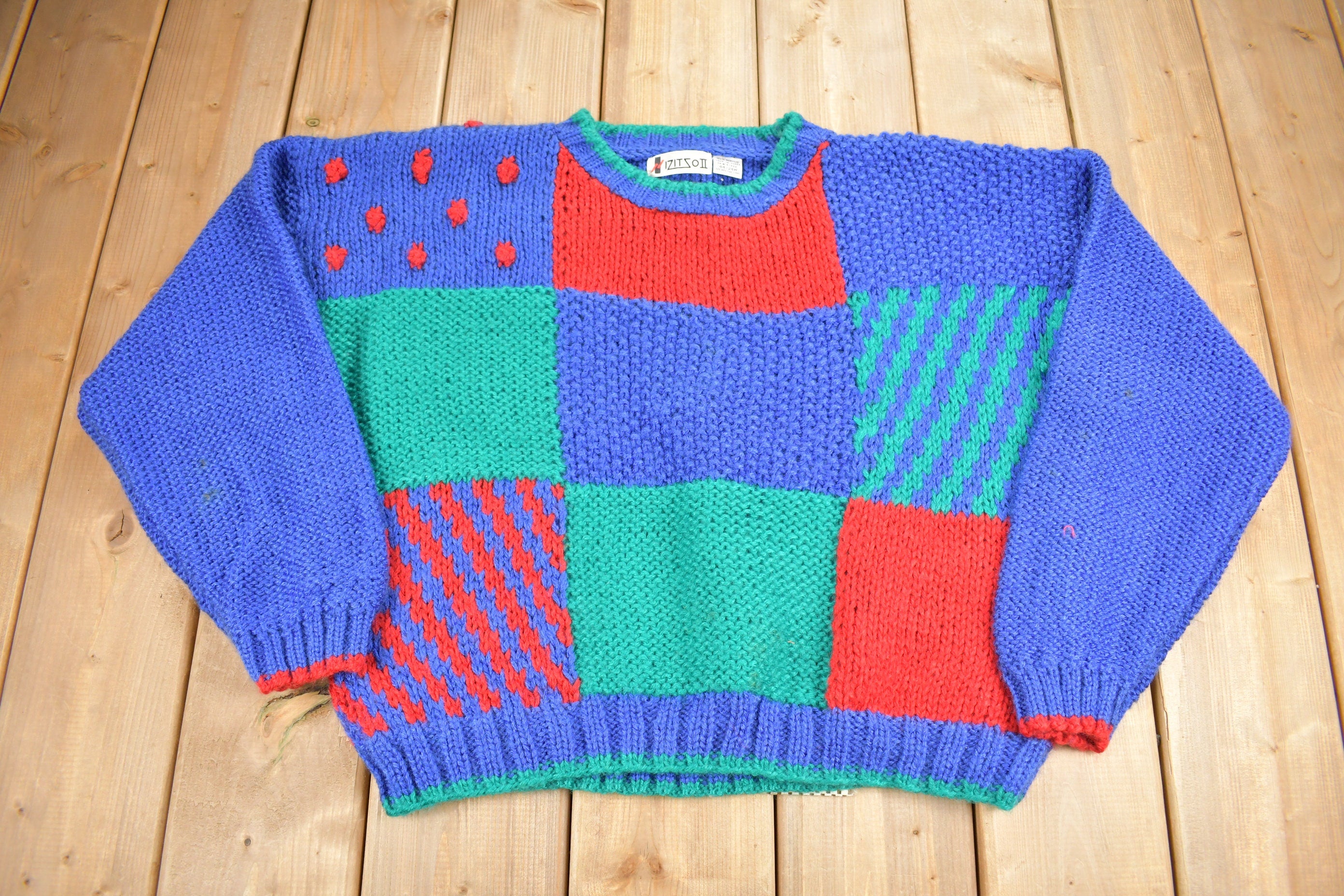 Vintage 1990s Women's Knit Color Block Crewneck Sweater