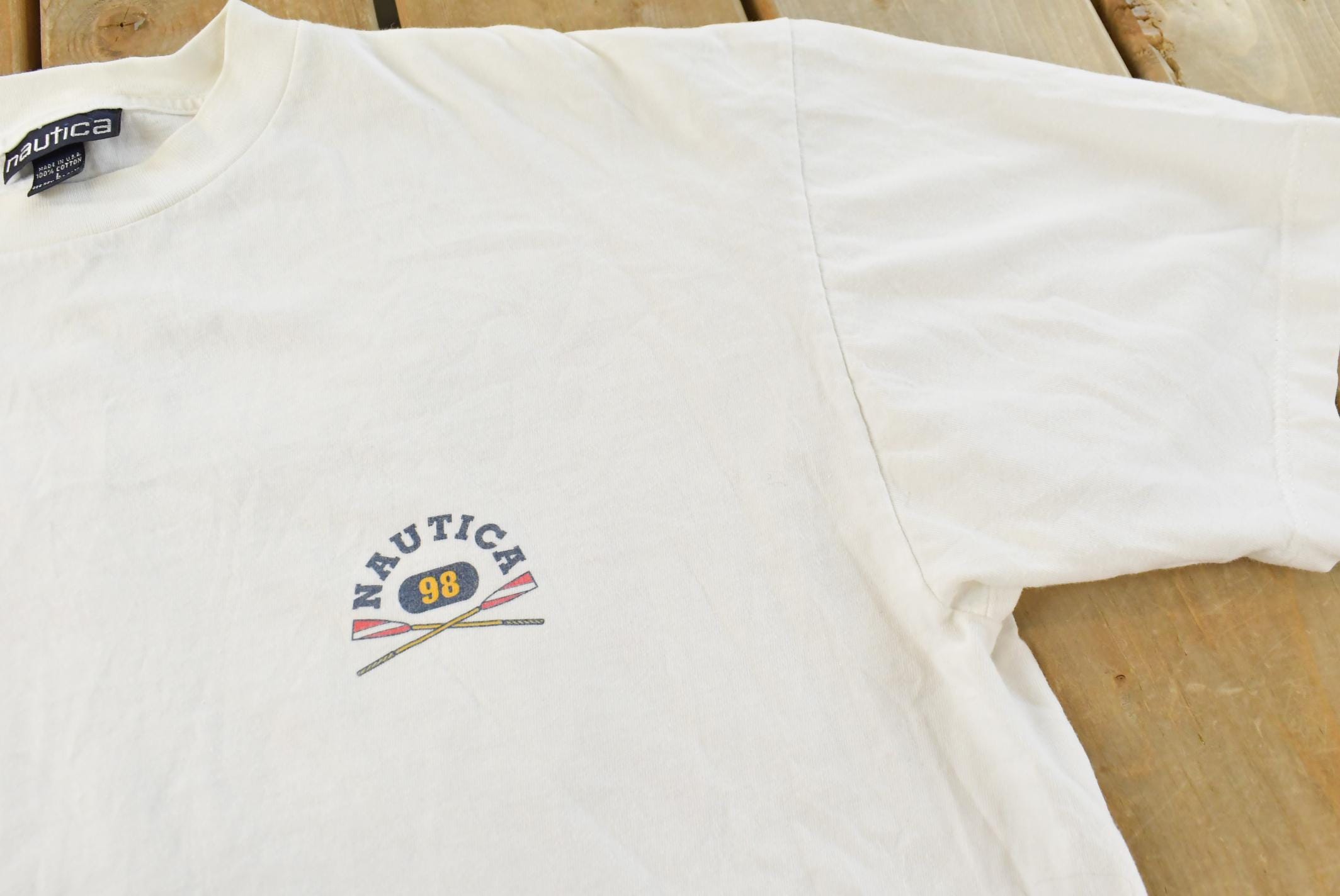 Vintage 1990s Nautica Rowing Oars Graphic T Shirt Men's L / Big Box Logo Print / 90s / Streetwear / Preppy / Made In USA / Single Stitch