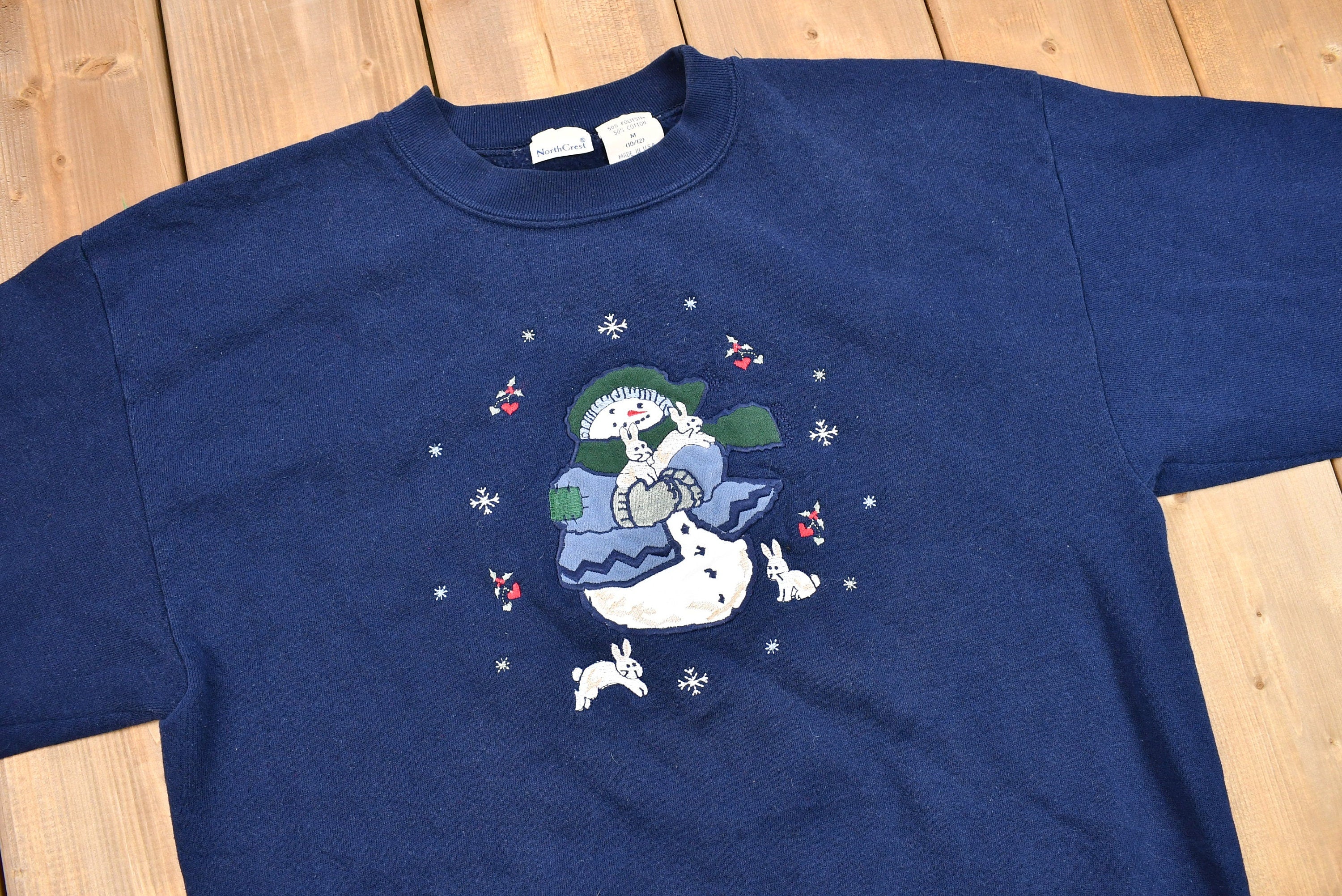 Vintage 1990s Embroidered Snowman Christmas Sweater , 90s Holiday Crewneck , Winter Wear , Festive Graphic , Frosty , Bunny