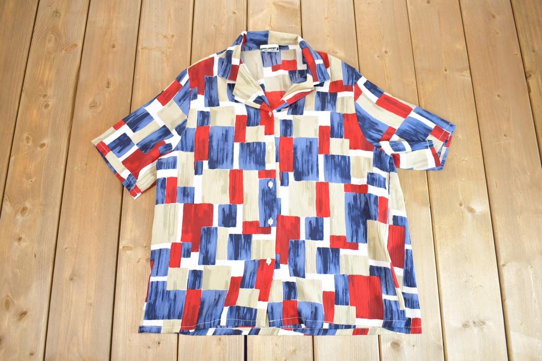 Vintage 1990s Bon Worth Abstract Graphic Short Sleeve Single Stitch Unique Button up