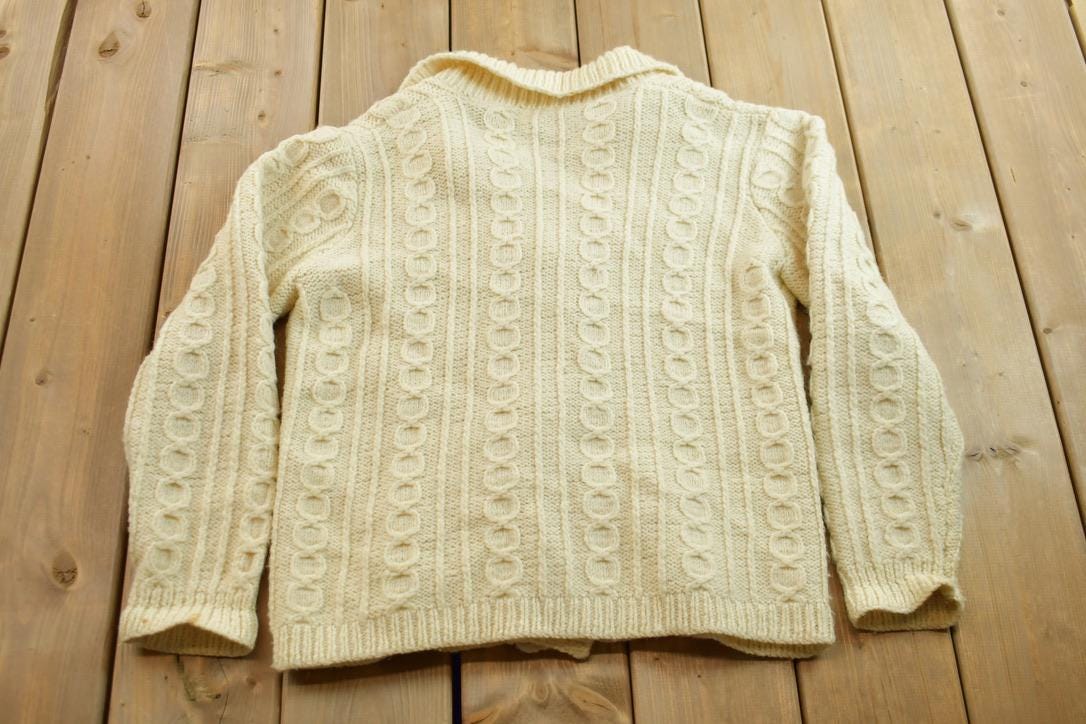Vintage 1990s 100% Wool Cable Knit Cardigan Sweater / Vintage Cardigan / Button Up / Heavy Weight / Collared Knit