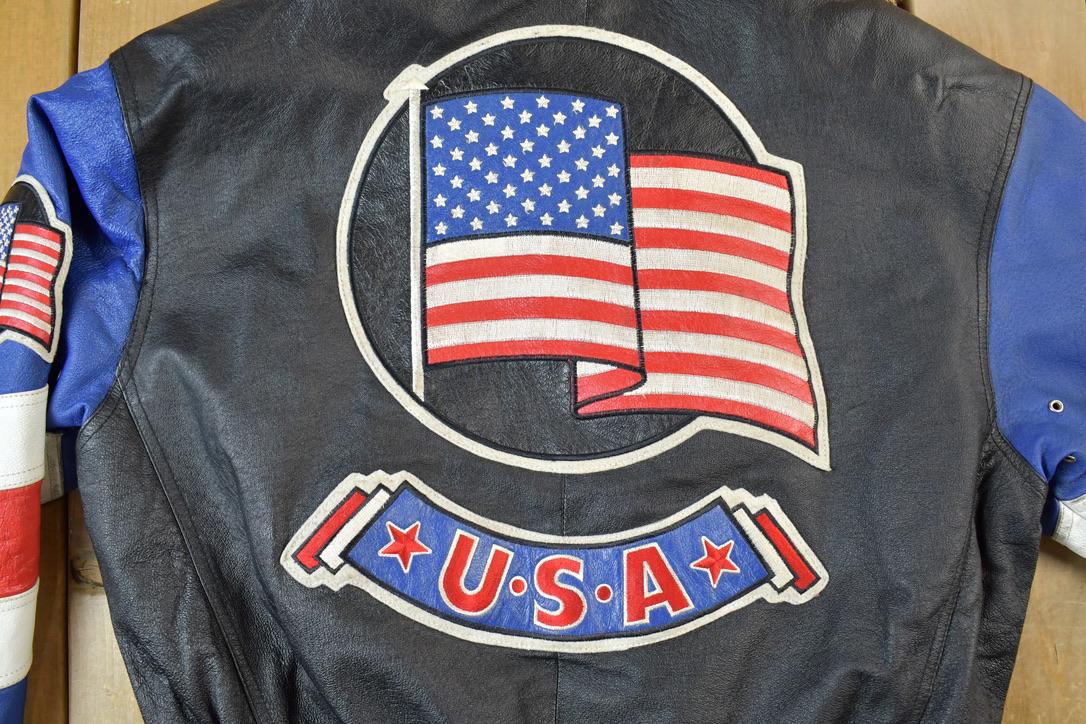 Vintage 1990s Michael Hoban American Flag Leather Patch AOP Jacket Made In USA