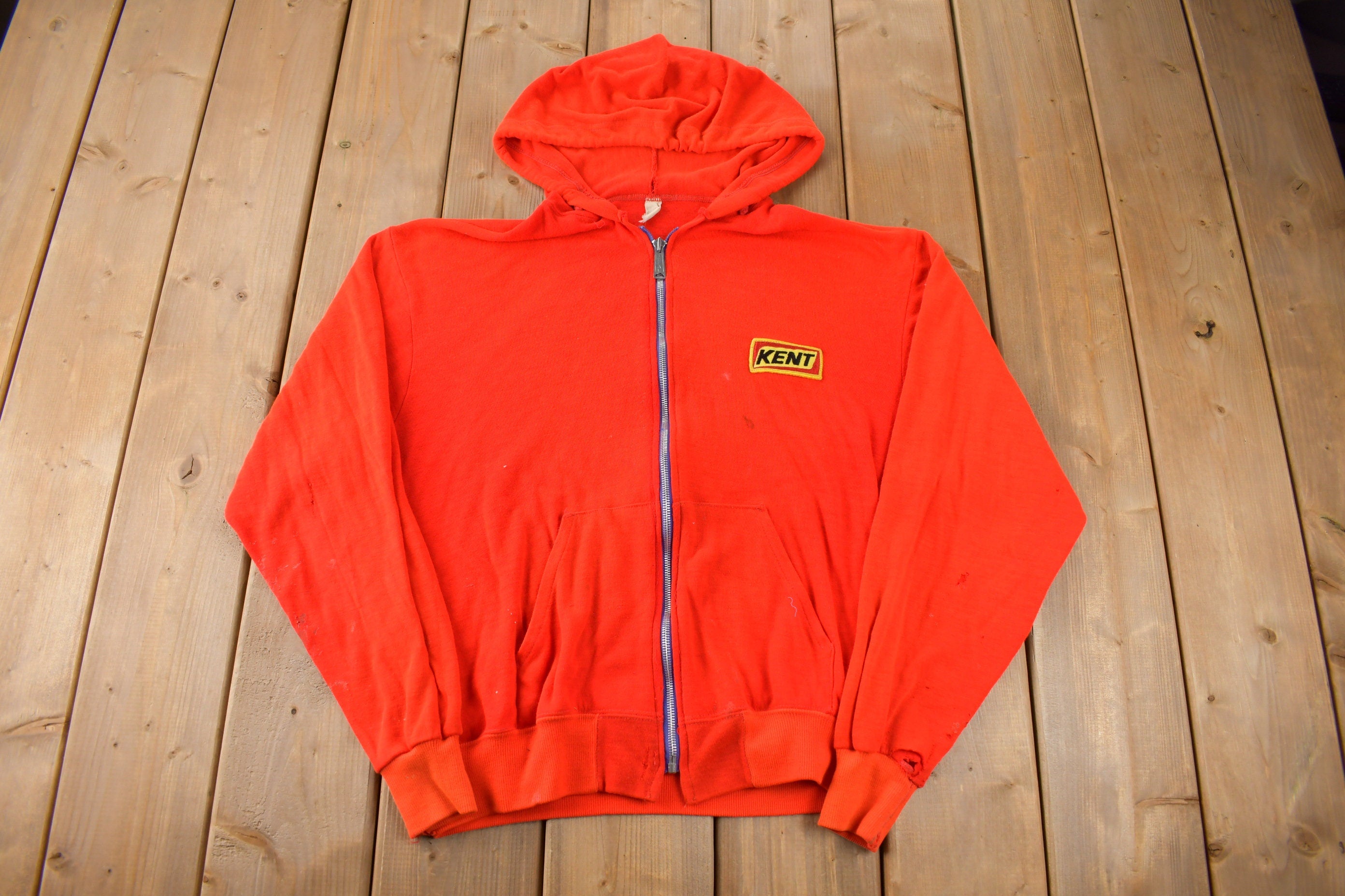 Vintage 1980s Kent Patchwork Zip Up Hoodie Made In USA Size M