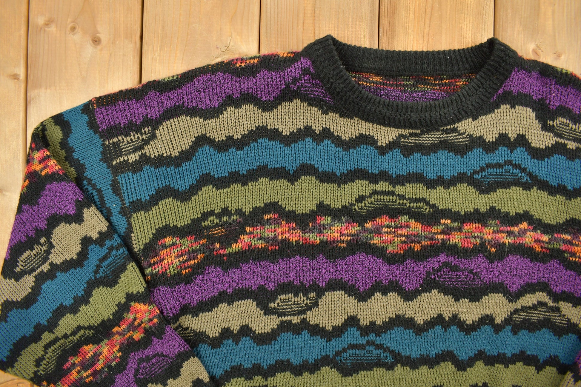 Vintage 1990s Abstract Squiggle Knit Crewneck Sweater /