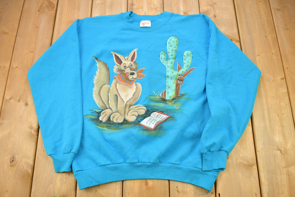 Vintage 1980s Coyote & Rabbit Theme Graphic Raglan Crewneck Sweater