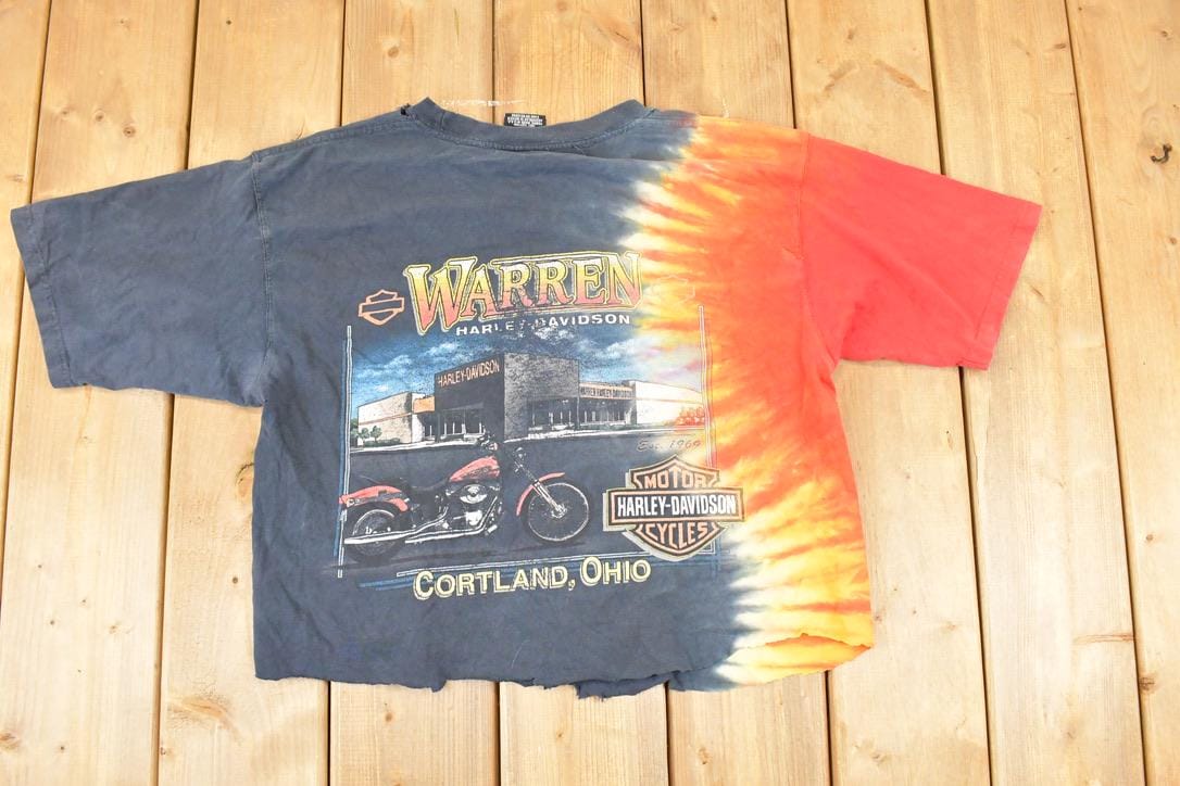 Vintage 1990s Warren Harley Davidson Motorcycles Tye Dye Cropped Biker T-Shirt Women's M