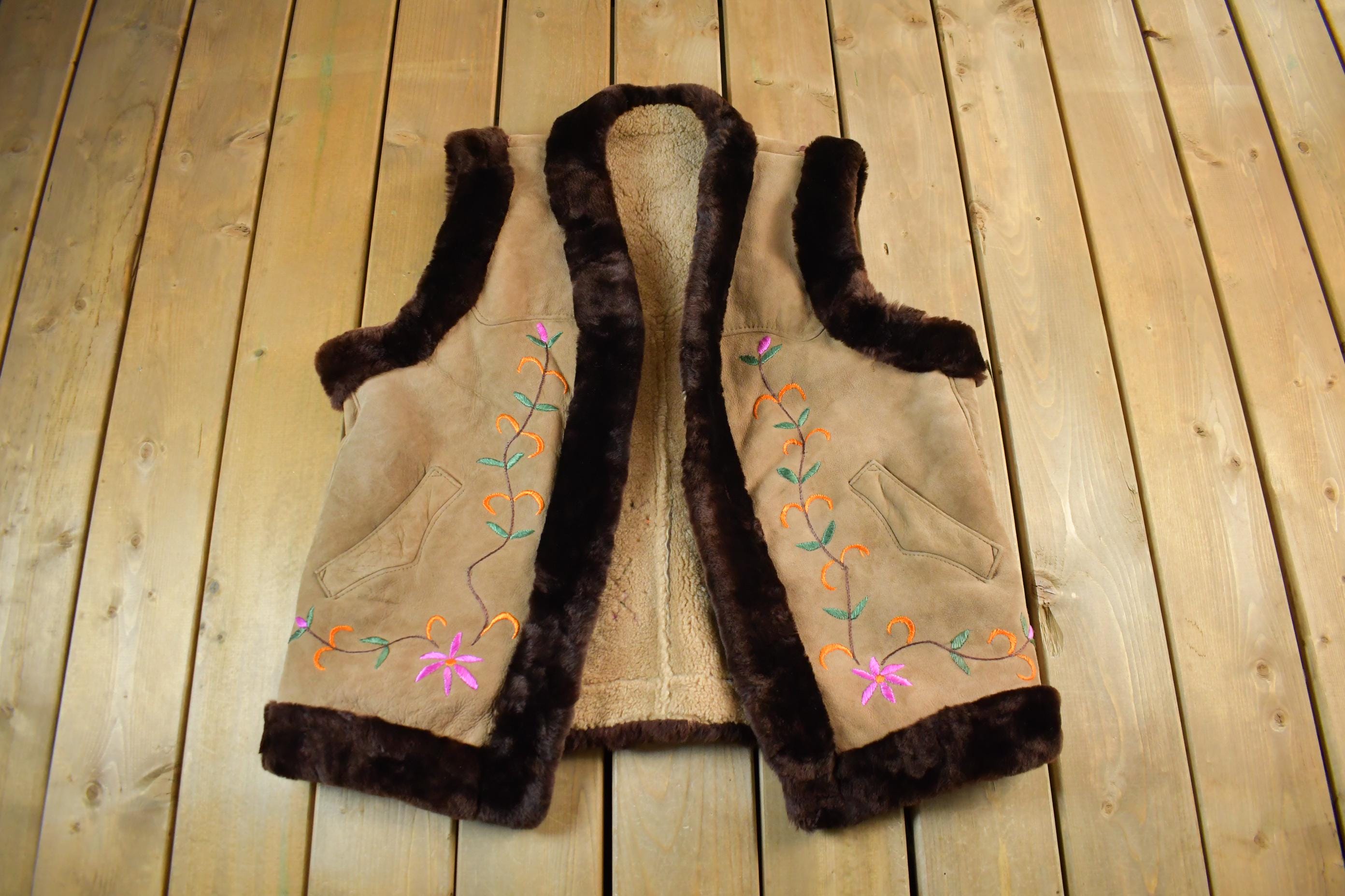 Vintage 1960s Shearling Boho Vest Sherpa Lined Adult XL