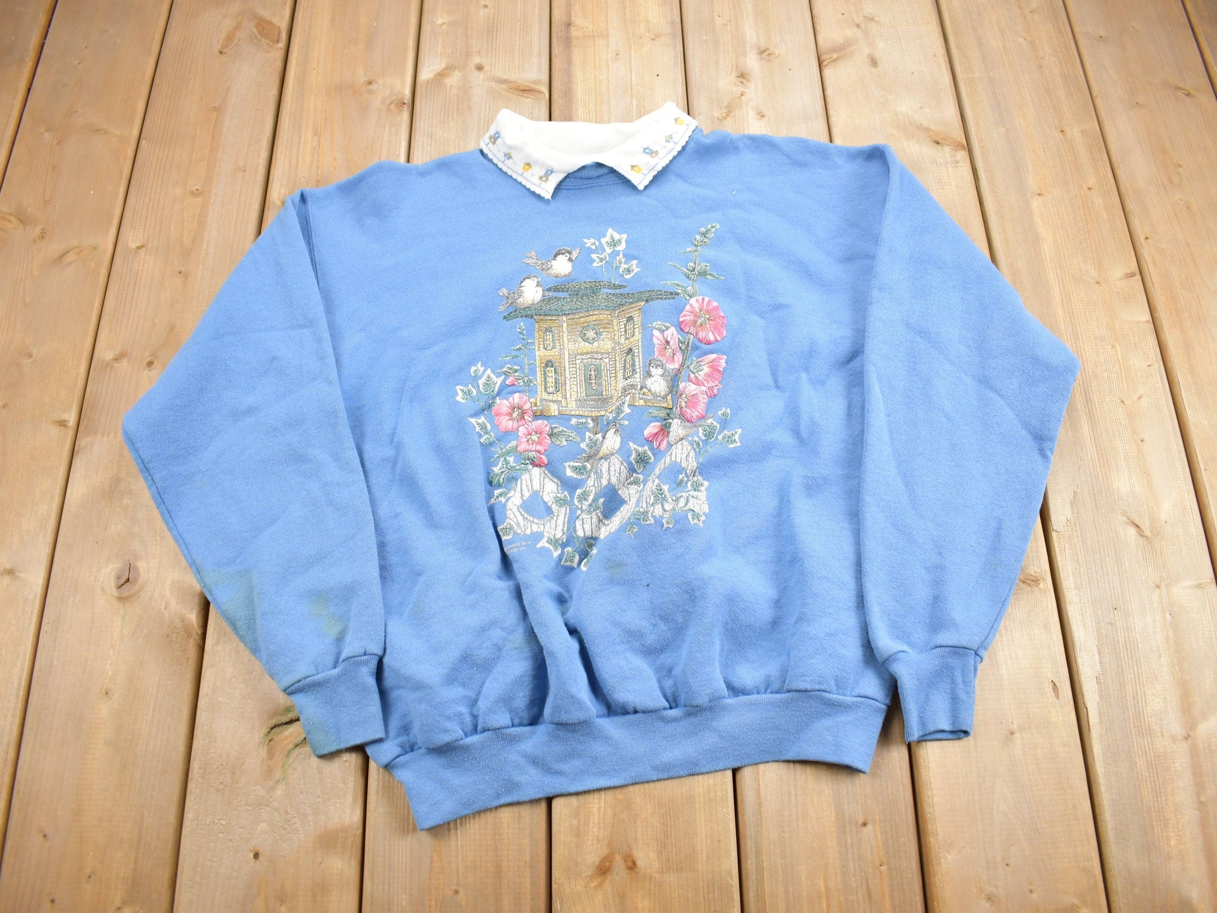 Vintage 1990s Cute Collared Birdhouse Theme Sweater