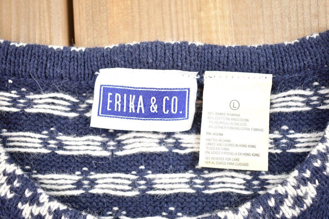 Vintage 1990s Erika & Co Knitted Cardigan Sweater  Vintage Cardigan  Button Up  Striped  Embroidered  Snowflake Theme  Winter Knit