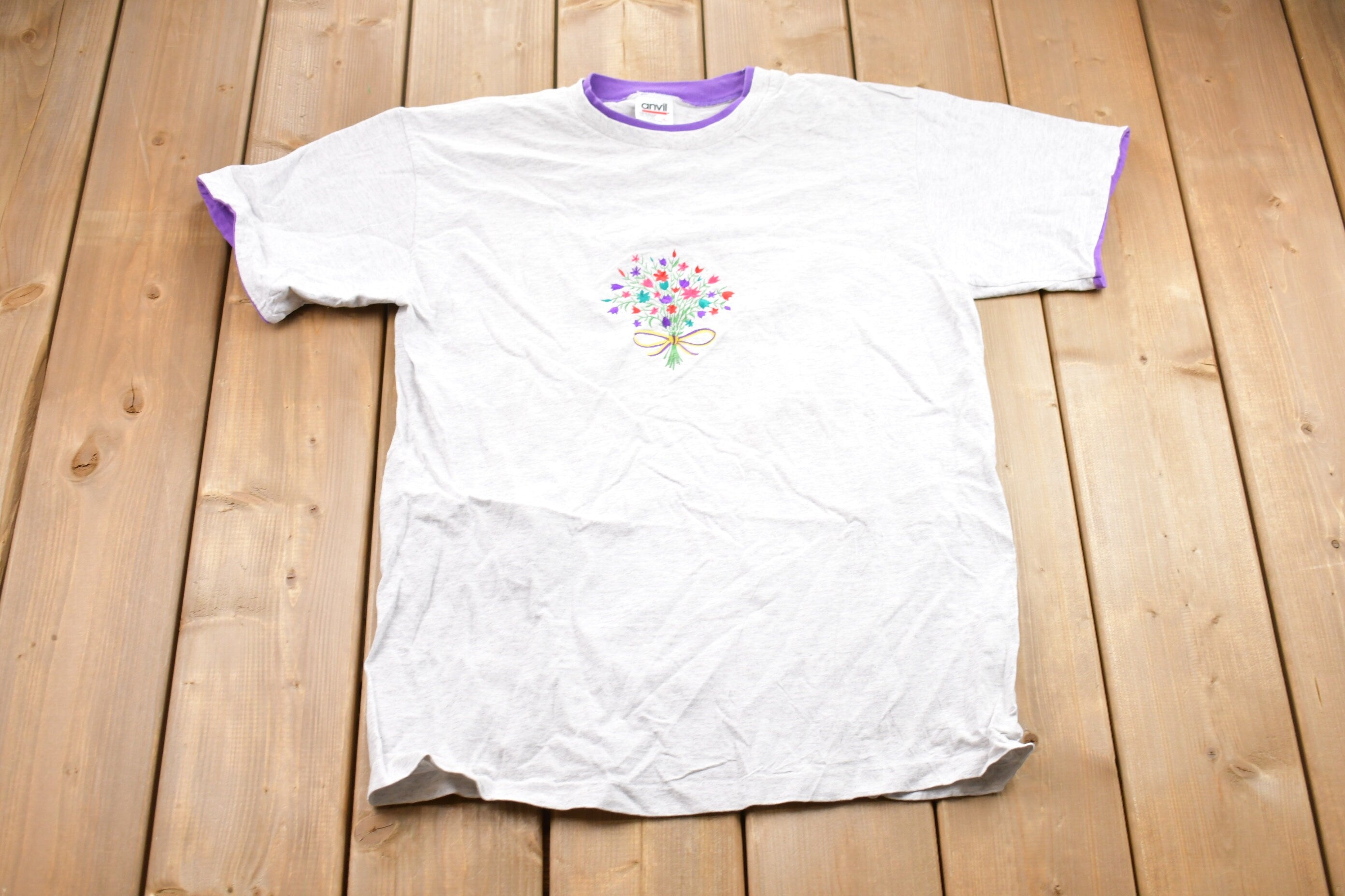Vintage 1990s Floral Embroidered Double Collar T-Shirt