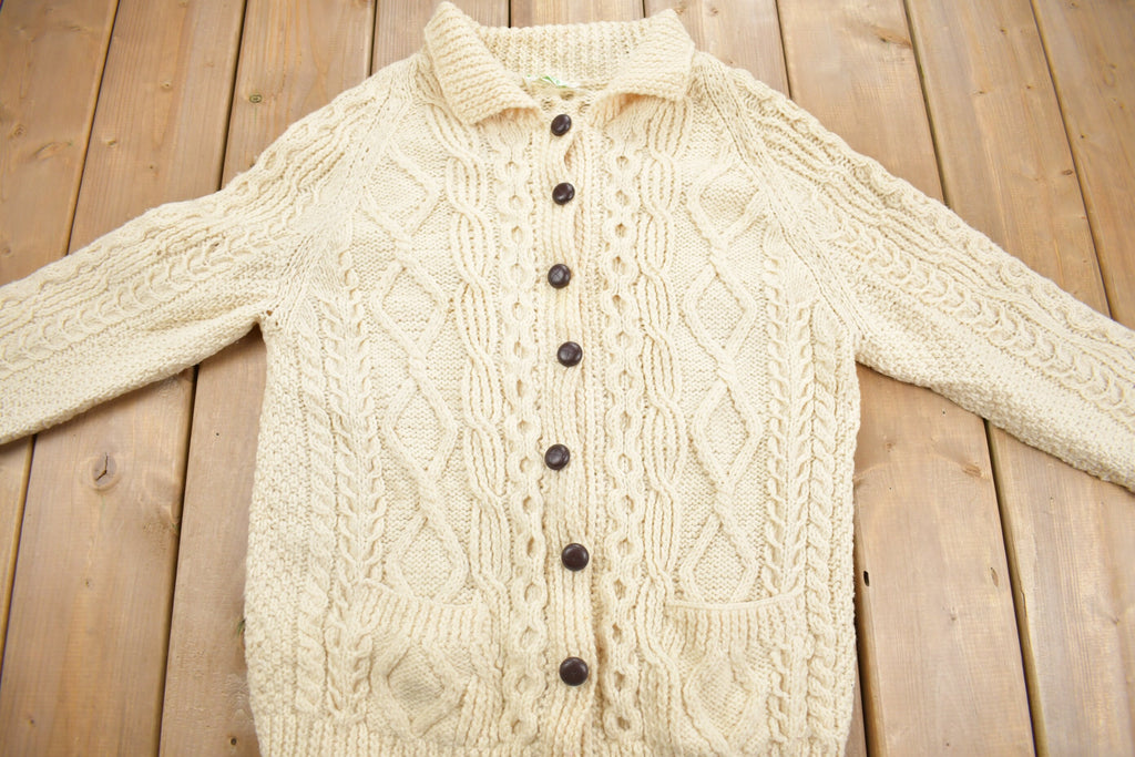 Vintage 1980s Deidres Designs 100% Wool Cable Knit Cardigan Sweater