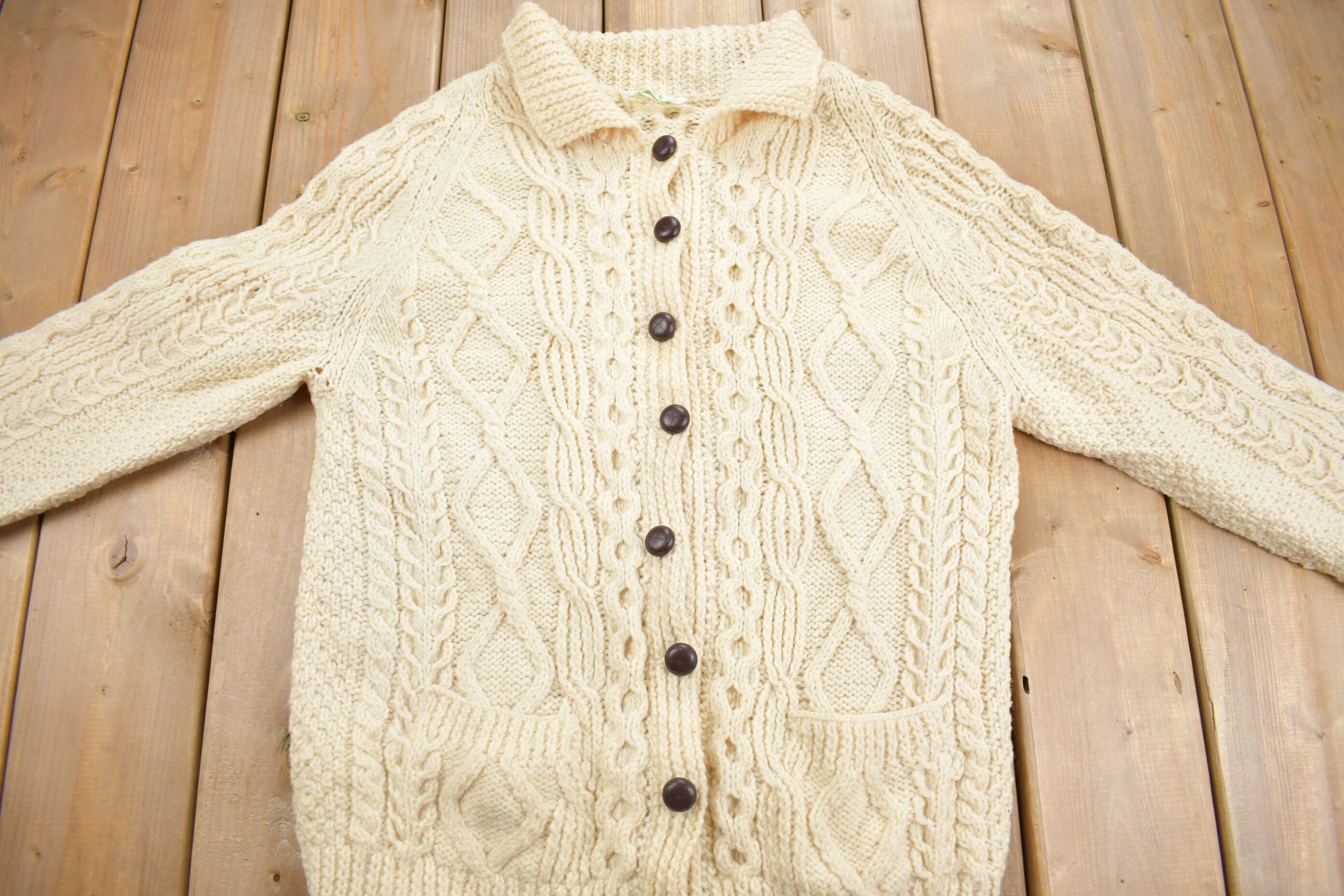 Vintage 1980s Deidres Designs 100% Wool Cable Knit Cardigan Sweater