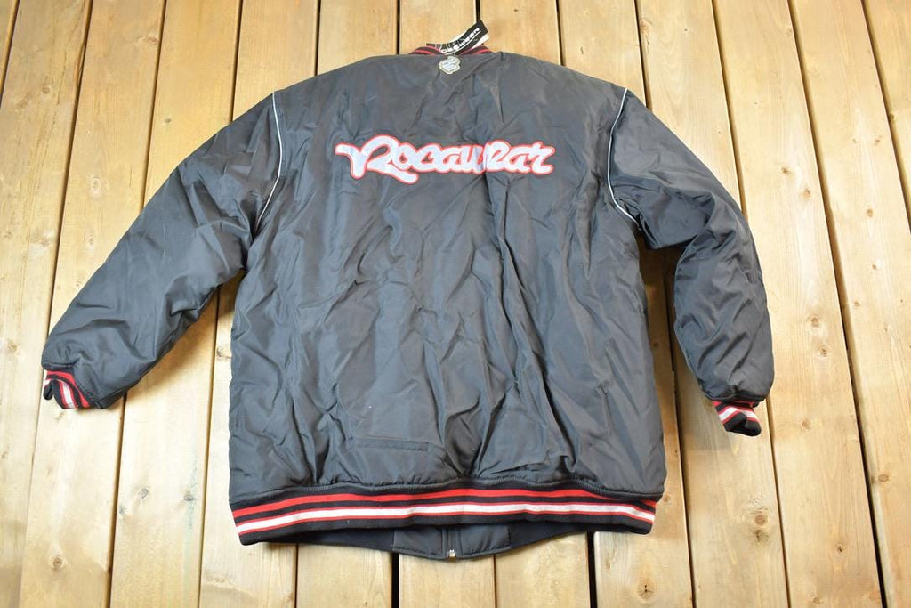 Vintage 1990s Deadstock Rocawear Embroidered Snap Button Hip Hop Satin Jacket Made In USA