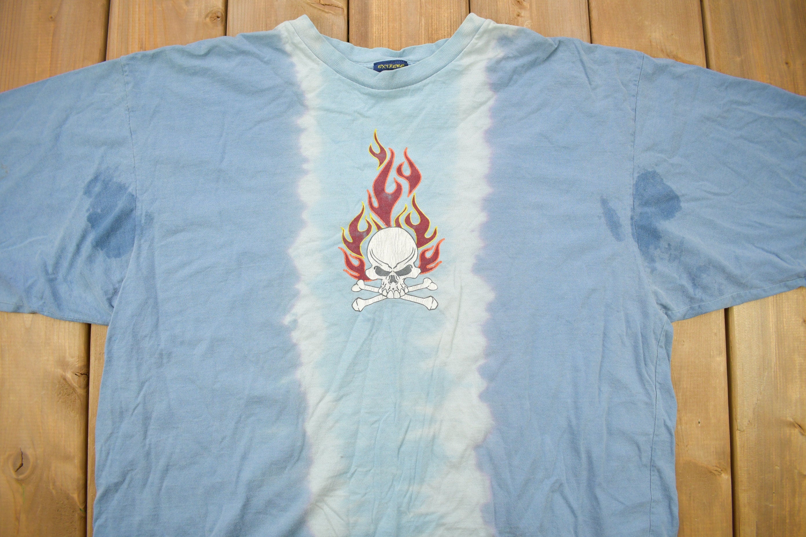Vintage 1990s Extreme Limit Flaming Skull Tye Dye T Shirt