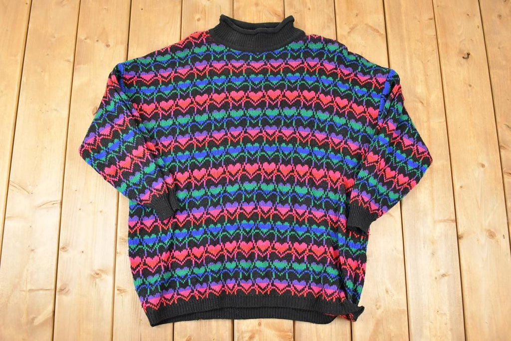 Vintage 1990s Stefano International AOP Rainbow Hearts Knit Crewneck Sweater Womens XL