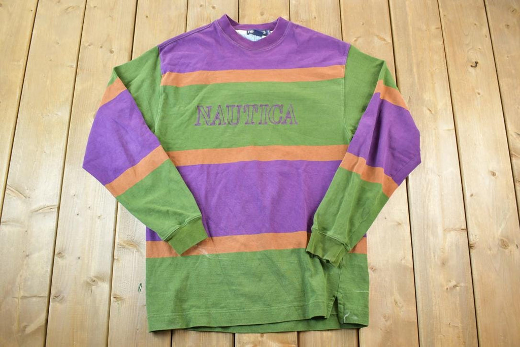Vintage 1990s Nautica Striped Colour Block Crewneck Sweatshirt