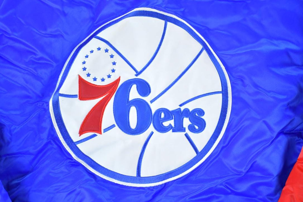Vintage 1990s Deadstock NBA Hardwood Classics Philadelphia 76ers Satin Button Up Windbreaker Basketball Jacket