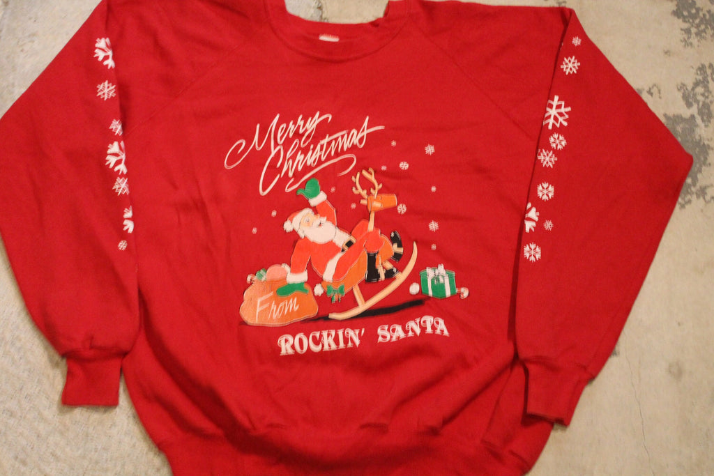 Vintage 1990s Christmas Sweater , 90s Holiday Crewneck , Festive Graphic , From Rockin Santa And His Rockin Reindeer , Made In USA
