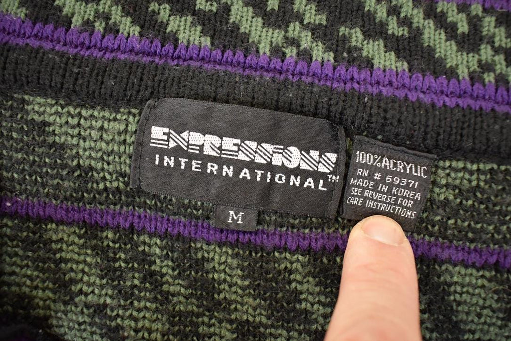 Vintage 1990s Expressions Internationsl Abstract Knit Cardigan Sweater Men's L  Preppy Knit Cardigan  Fancy Knit Vintage Cardigan