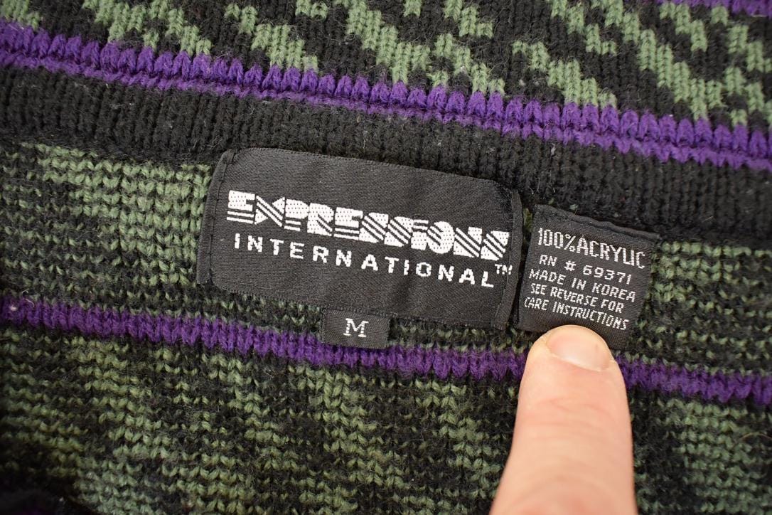 Vintage 1990s Expressions Internationsl Abstract Knit Cardigan Sweater Men's L  Preppy Knit Cardigan  Fancy Knit Vintage Cardigan