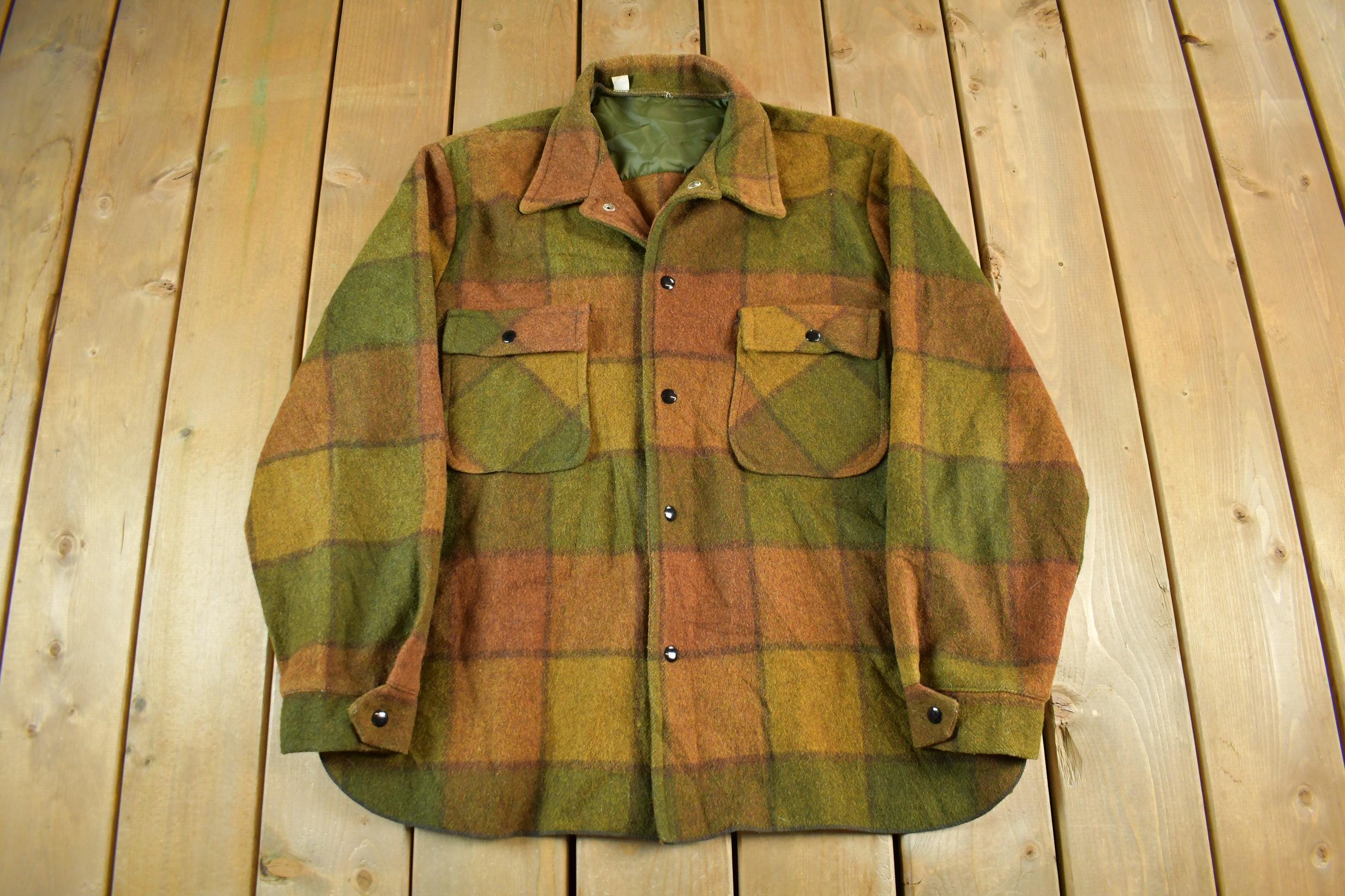 Vintage 1960s 1970s Wool Flannel Button Up Shirt Jacket Men's XL