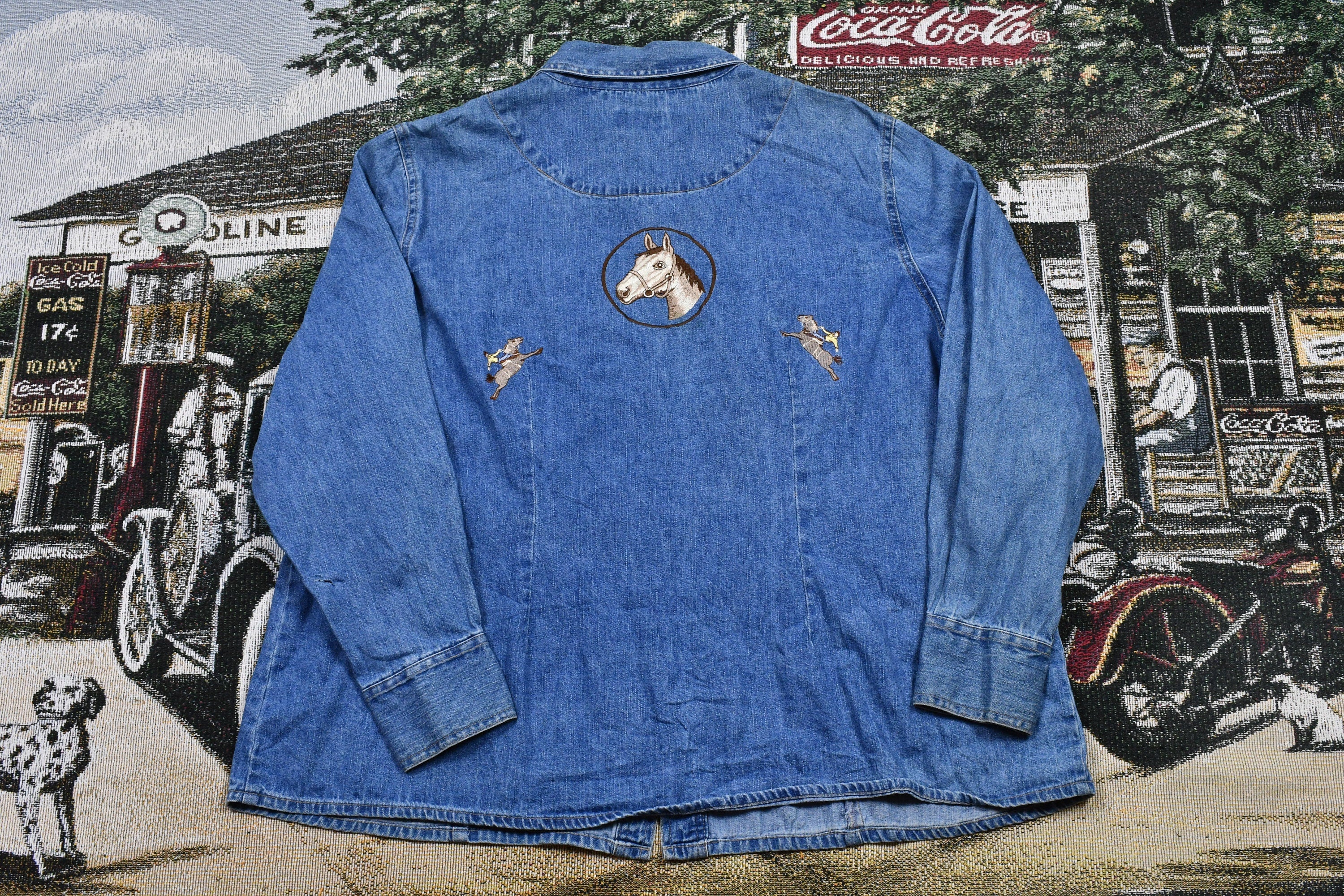 Venezia 1990s Embroidered Denim Snap Button Jean Shirt