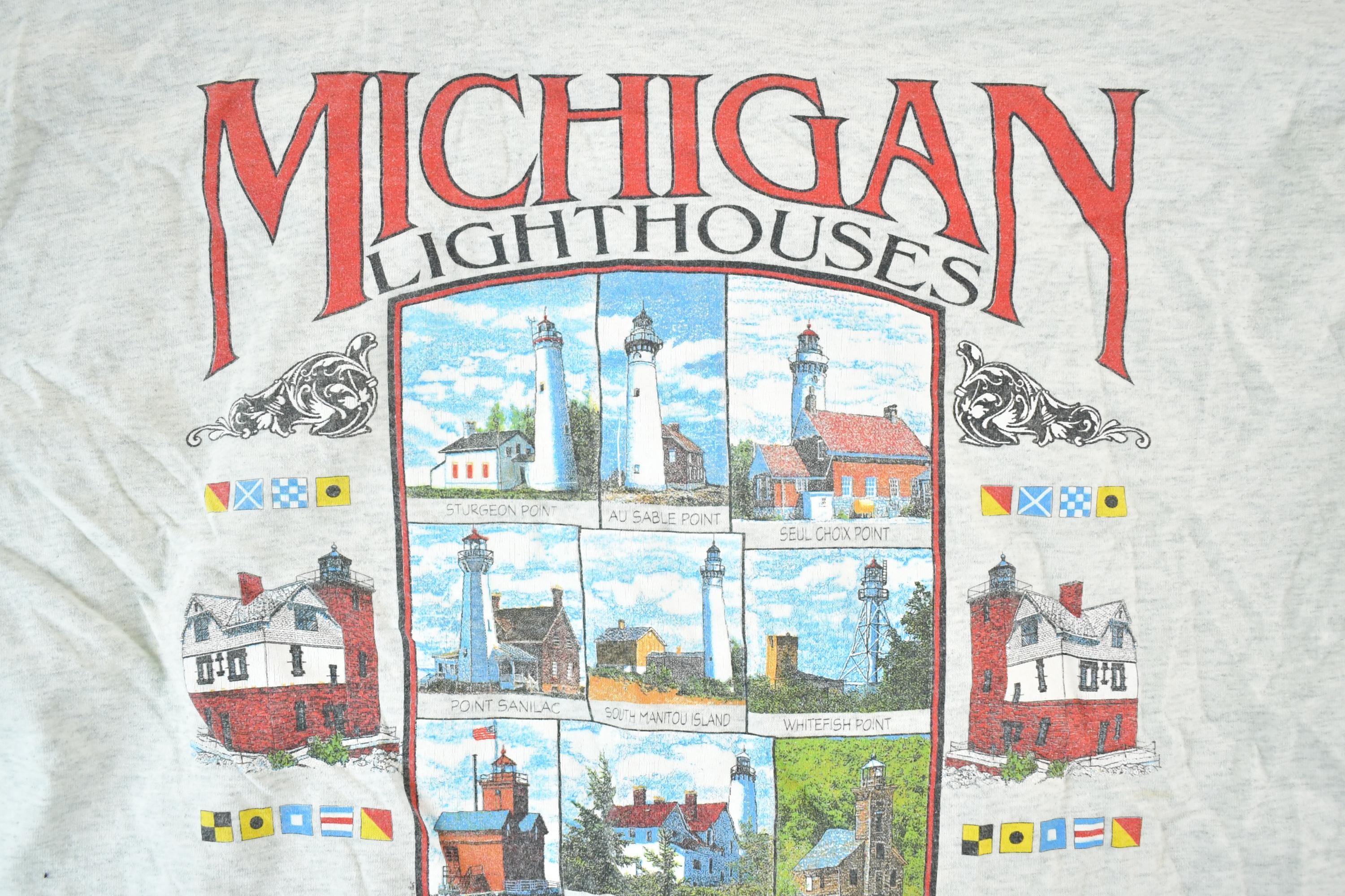 Vintage 1990s Michigan Lighthouses Souvenir T-Shirt Men's XL / Made In USA / Vintage Vacation Tee / Rare Destination Tee / Summer Shirt