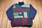 Vintage 1990s Private Eyes Made In USA Knitted Mock Neck Sweater Patchwork Knitting