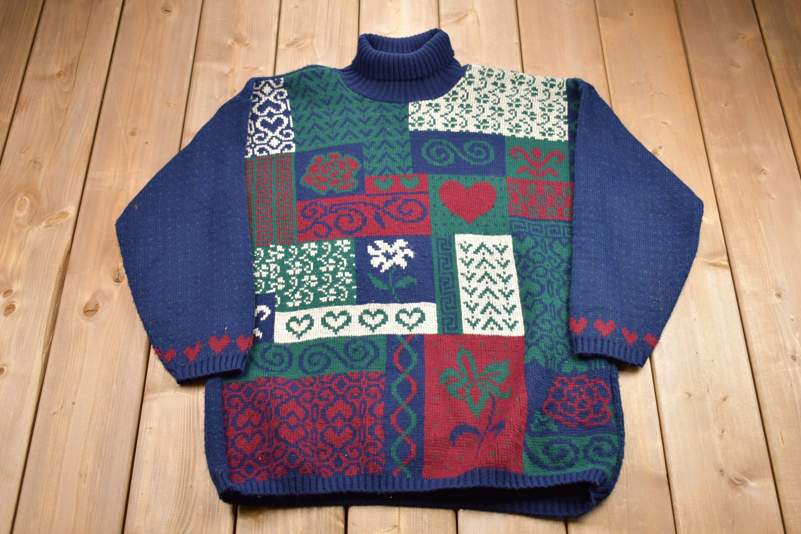 Vintage 1990s Private Eyes Made In USA Knitted Mock Neck Sweater Patchwork Knitting