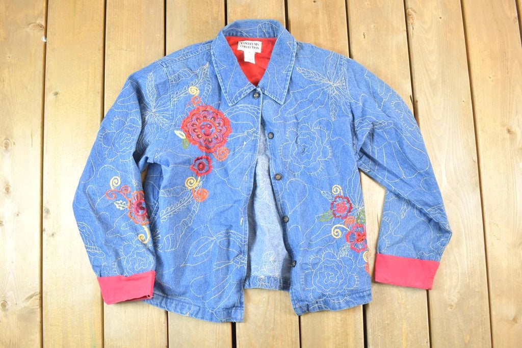 Vintage 1990s Tantrums Embroidered Floral Print 100% Cotton Lined Jean Jacket