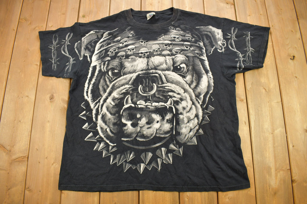 Vintage 1996 Bulldog All Over Print Liquid Blue Graphic T Shirt
