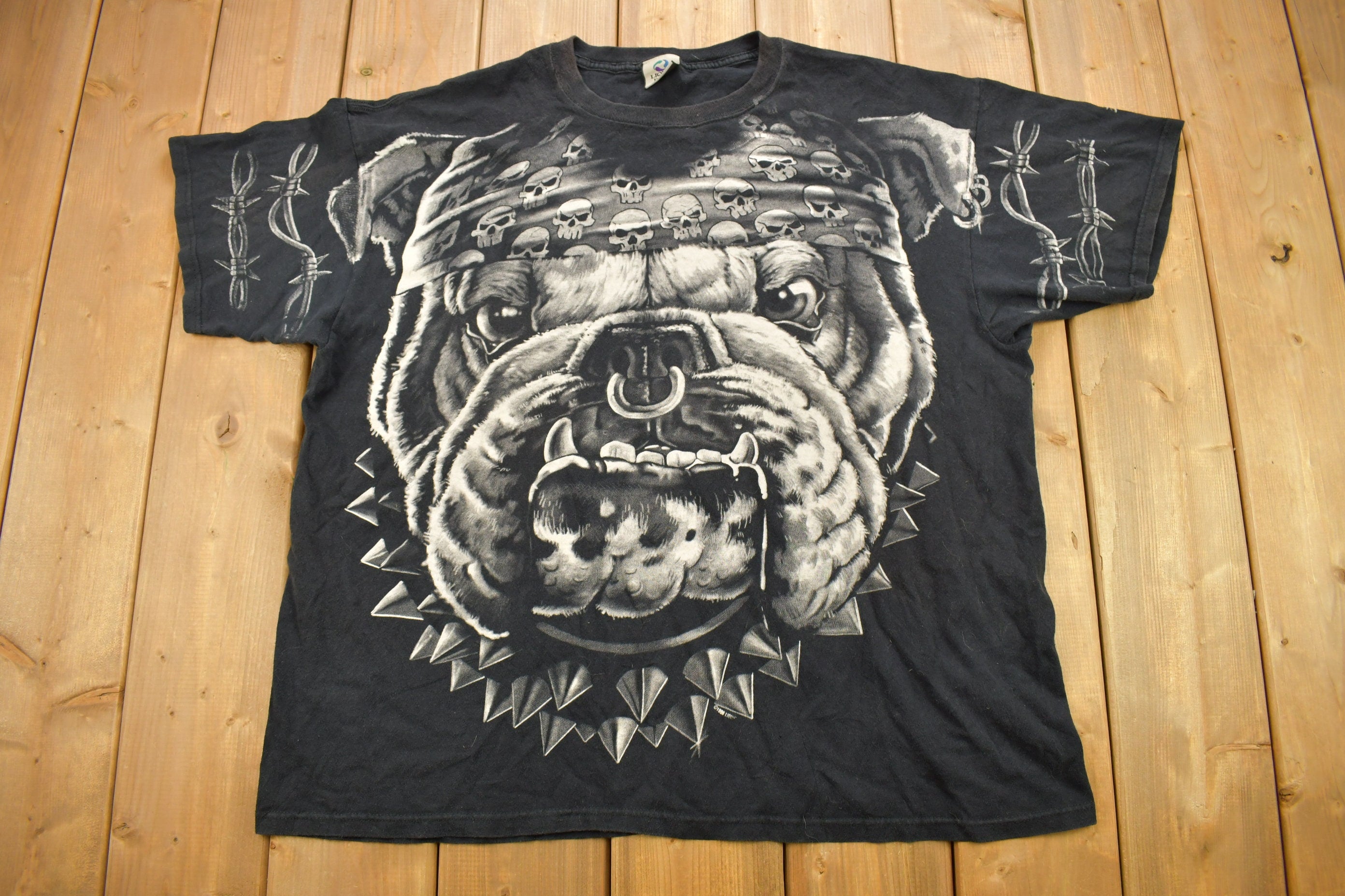 Vintage 1996 Bulldog All Over Print Liquid Blue Graphic T Shirt