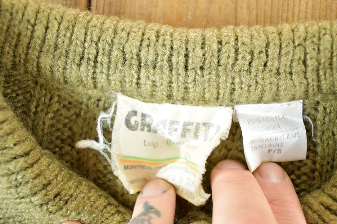 Vintage 1980s Graffiti Olive Cable Knit Quarter Button Collared Sweater Womens L