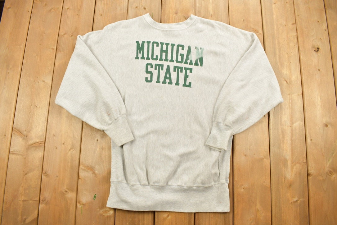 Vintage 1990s Distressed Grey Michigan State University Champion Crewneck Sweatshirt  NCAA  Americana  Sportswear  Athleisure  Gym