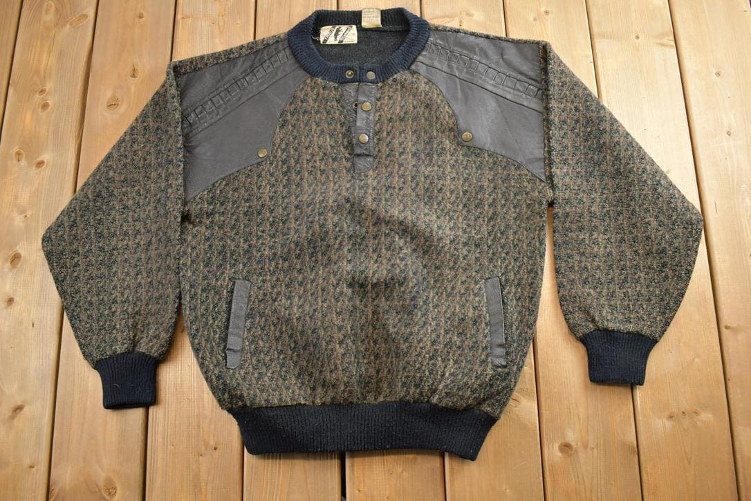 Vintage 1990s Trutus Biancarla Crazy Leather Knit Quarter Button Crewneck Sweater  90s Crewneck  Preppy