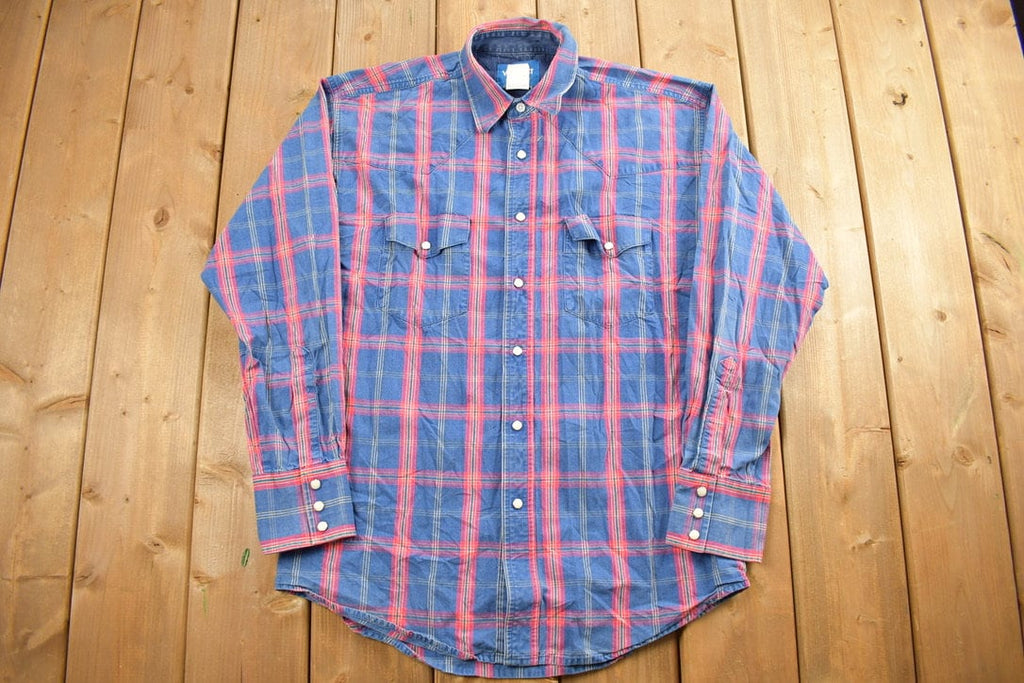 Vintage 1990s Wrangler Blue And Red Plaid Flannel Button Up Shirt