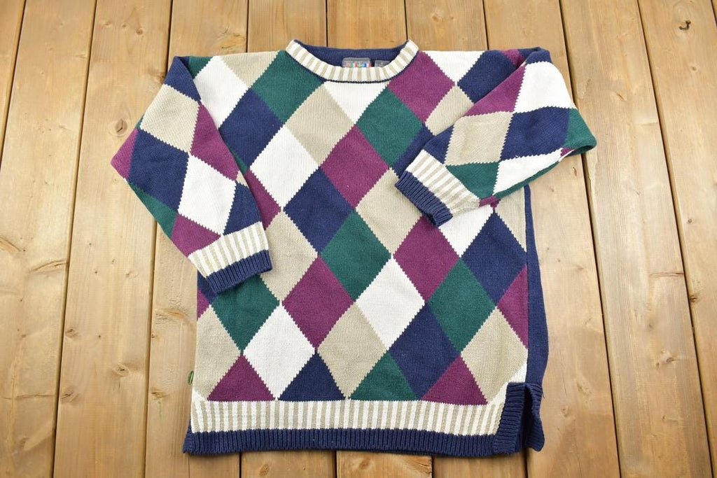 Vintage 1990s Paris Sport Club Knit Crewneck Sweater / 90s Crewneck / Abstract Pattern / Preppy Knit