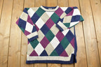 Vintage 1990s Paris Sport Club Knit Crewneck Sweater / 90s Crewneck / Abstract Pattern / Preppy Knit