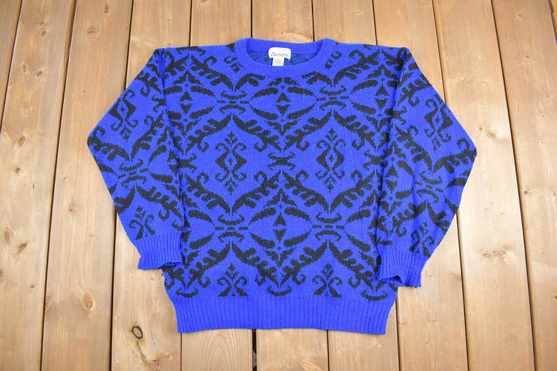 Vintage 1980s Partners Regal Pattern Knitted Crewneck Sweater / Vintage 90s Crewneck / All Over Pattern / Sweatshirt / Abstract Pattern