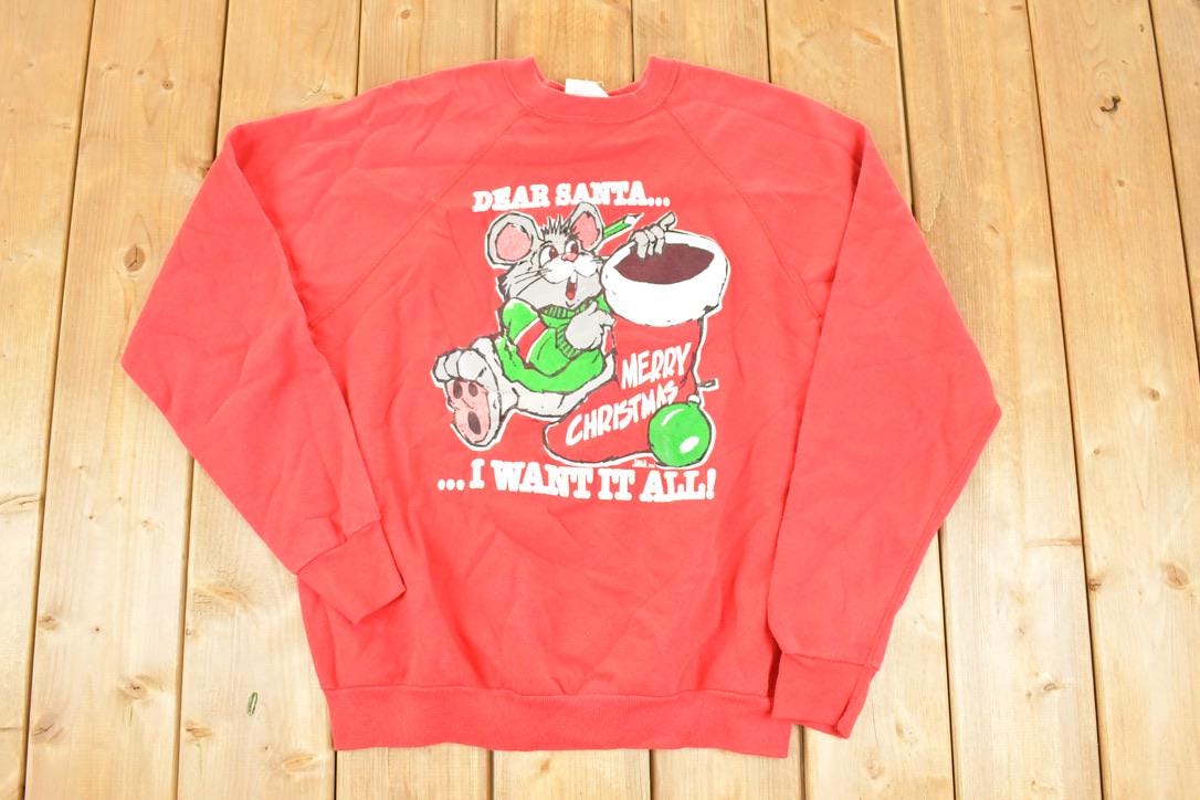 Vintage 1990s Dear Santa Cute Cartoon Mouse Christmas Crewneck Sweatshirt Men's L