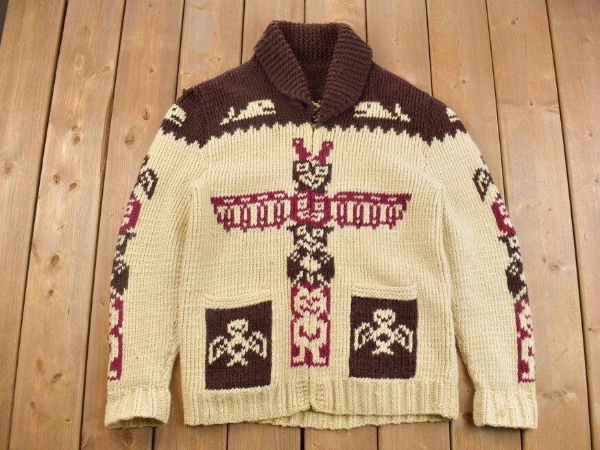 Vintage 1960s Totem Pole Cowichan Knit Cardigan Sweater