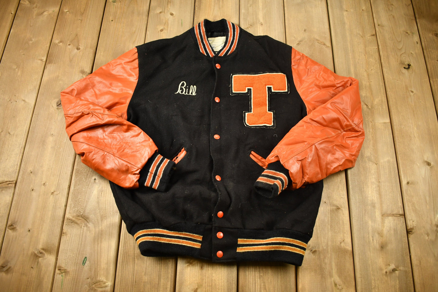 Vintage 1980s Orange & Black Leather Varsity Jacket / Chain Stitched / Bill / Vintage Letterman / Made In USA