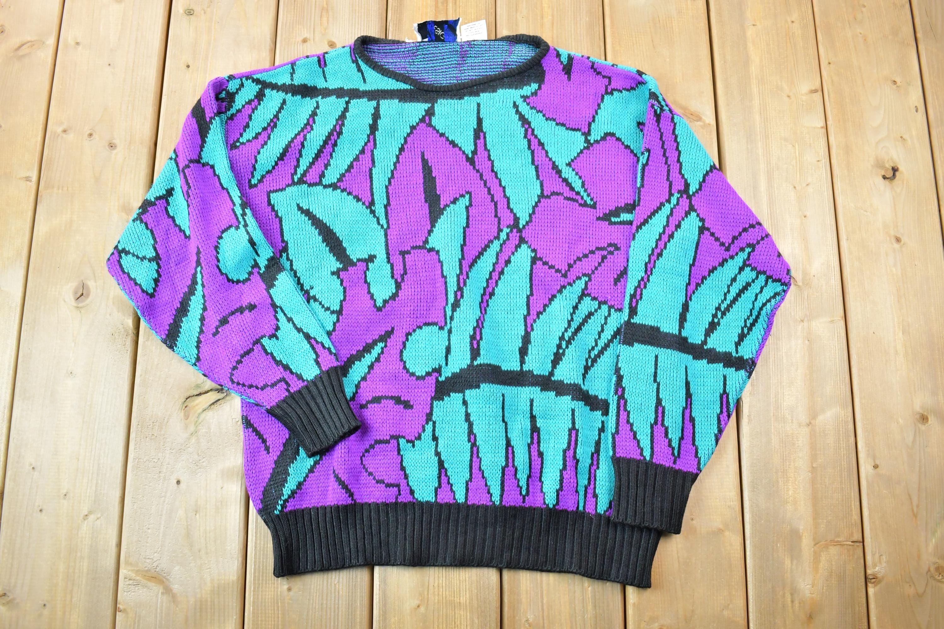 Vintage 1990s Design Funky Neon Leaf Pattern Knit Crewneck Sweater