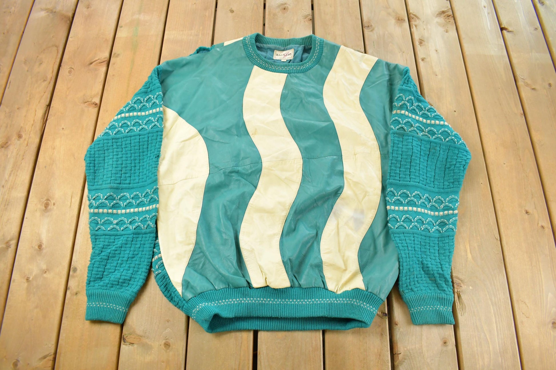 Vintage 1990s Bagazio Leather Knit Crewneck Sweater Men's XL /
