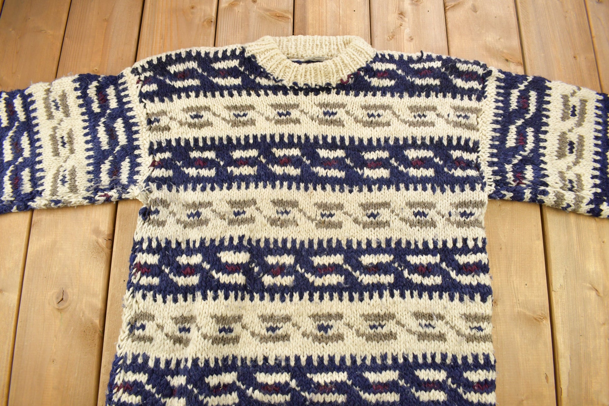 Vintage 1980s 100% Wool Knitted Striped Crewneck Sweater