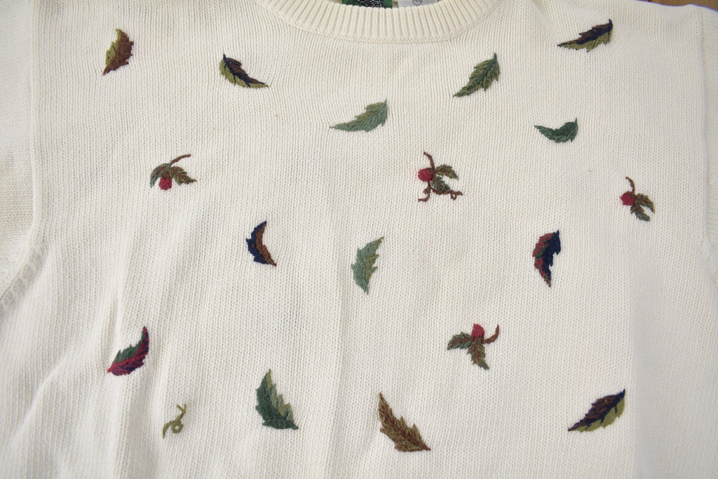 Vintage 1990s Northern Reflections Embroidered Leaves Knit Crewneck Sweater Made In Canada